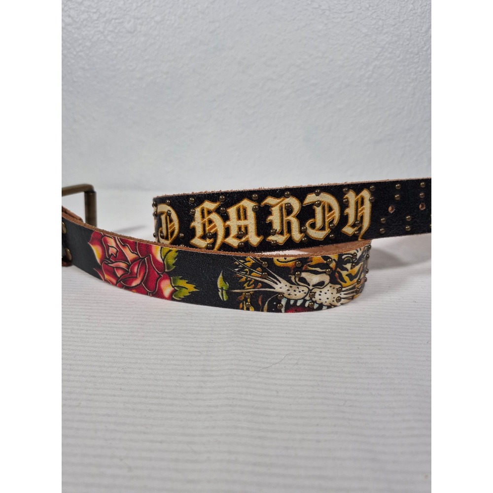 Ed Hardy Tiger Rose Studded Leather Belt Black Tattoo Graphic Y2K Vintage